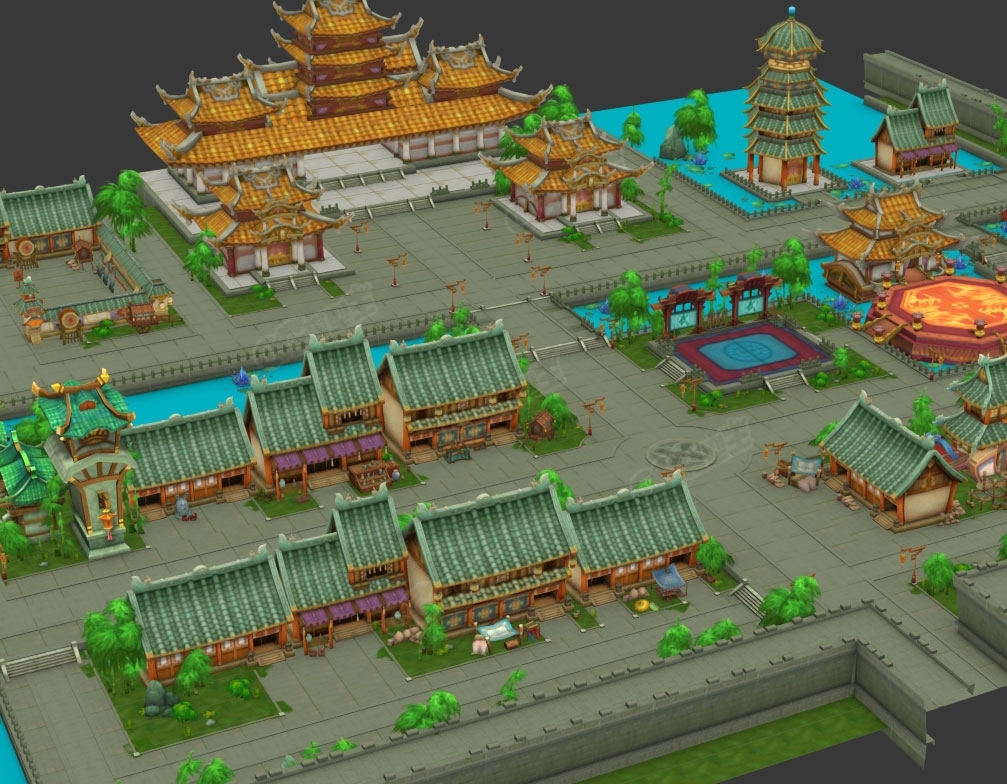 一套卡通手绘风格游戏场景模型 古代房屋建筑模型 带部分角色模型