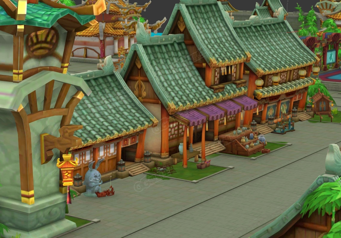 一套卡通手绘风格游戏场景模型 古代房屋建筑模型 带部分角色模型