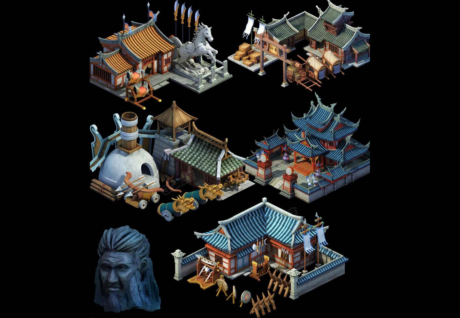 古代游戏场景建筑3D模型场景物件 石头 植物 游戏美术素材 游戏资源