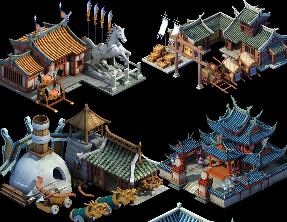 古代游戏场景建筑3D模型场景物件 石头 植物 游戏美术素材 游戏资源