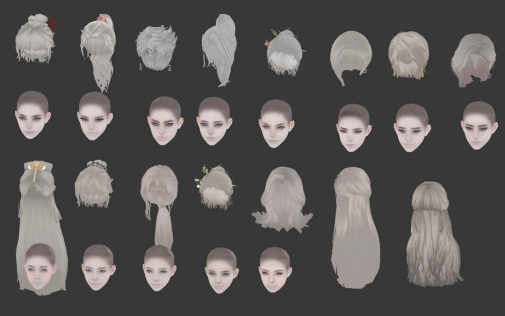 一组倚天游戏男女角色头部各种发型模型