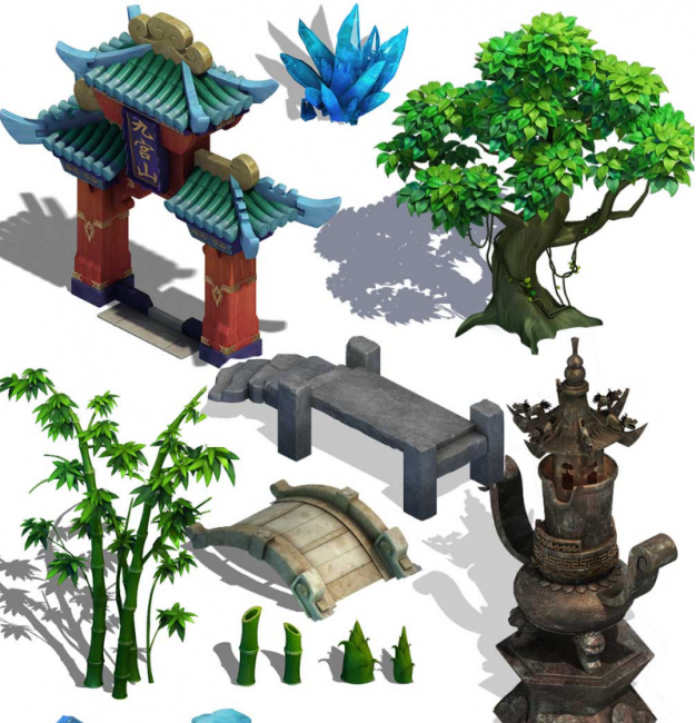 Q版卡通3渲2游戏场景建筑物件植物石头模型