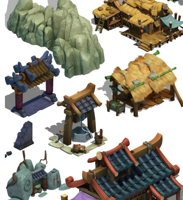 Q版卡通3渲2游戏场景建筑物件植物石头模型