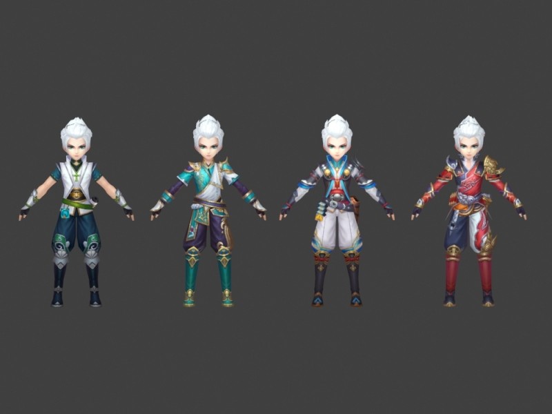一套中国风卡通版武侠仙侠神话角色人物武器3D模型 游戏美术素材