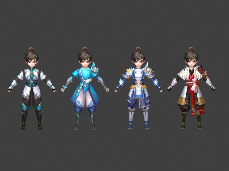 一套中国风卡通版武侠仙侠神话角色人物武器3D模型 游戏美术素材