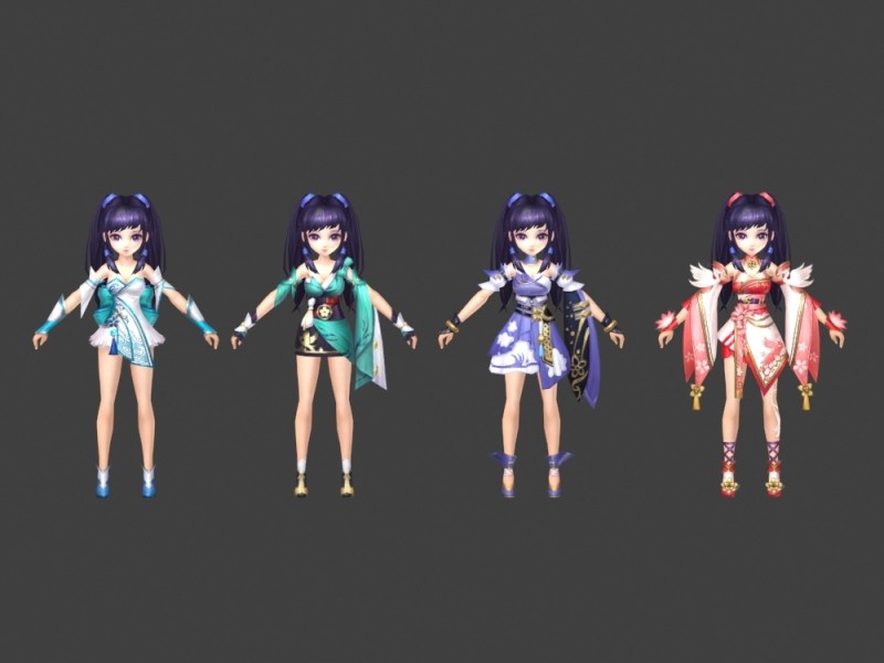 一套中国风卡通版武侠仙侠神话角色人物武器3D模型 游戏美术素材