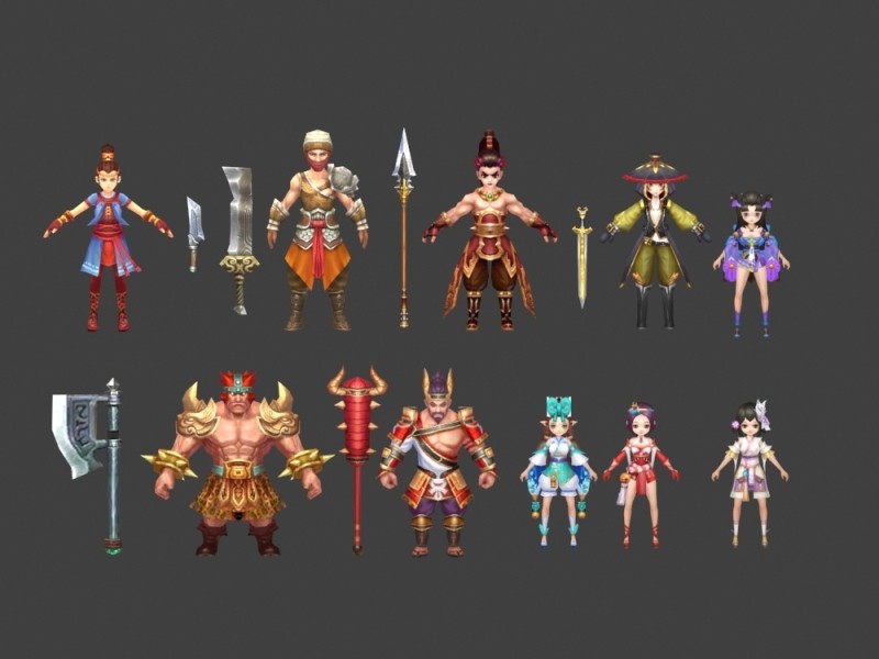 一套中国风卡通版武侠仙侠神话角色人物武器3D模型 游戏美术素材