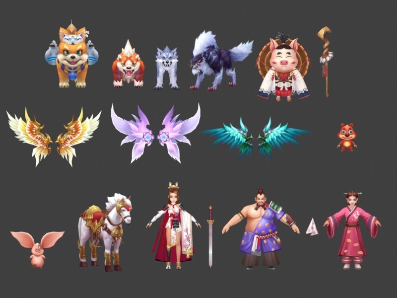 一套中国风卡通版武侠仙侠神话角色人物武器3D模型 游戏美术素材