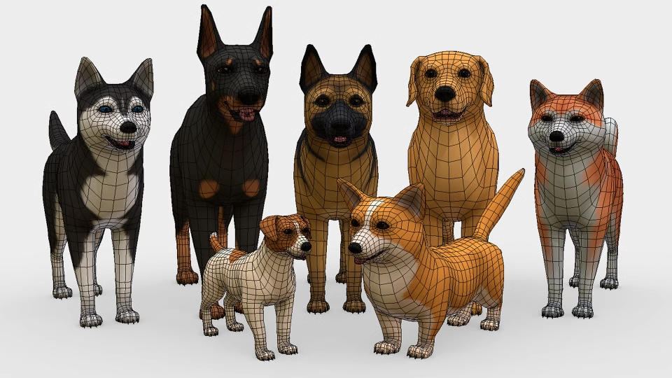 UE4虚幻5 Toon Dogs pack 卡通动物角色小狗狗秋田哈士奇柯基动物模型