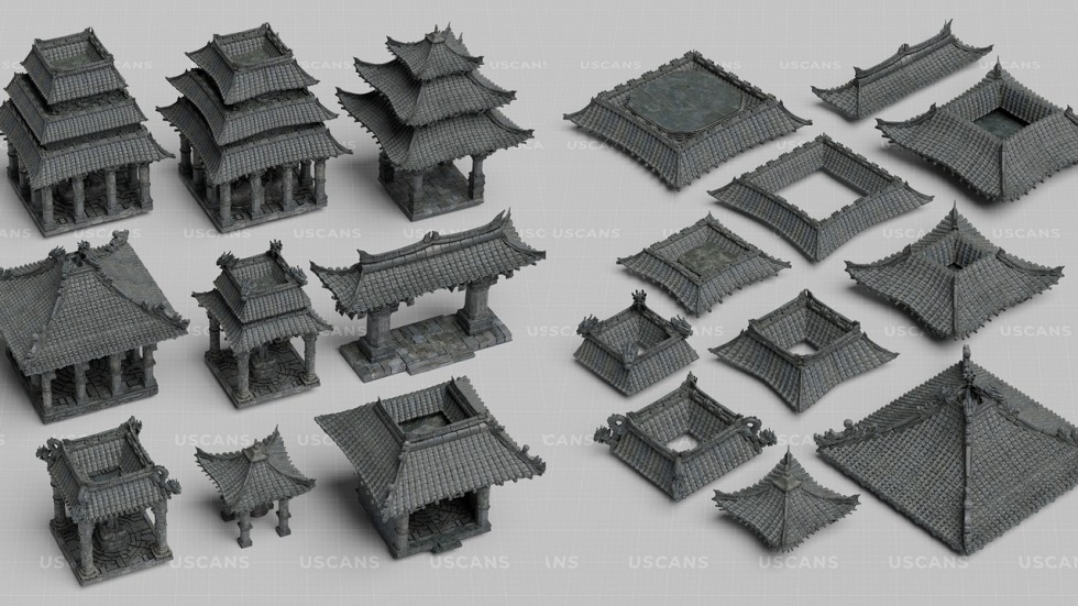  风神庙山谷寺庙庭院古代灯台钟佛像建筑场景模型