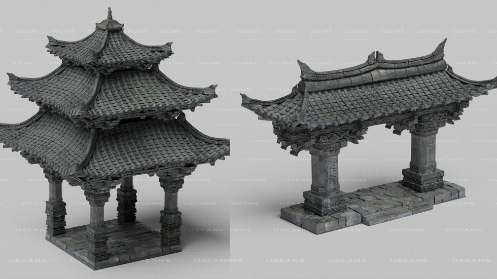  风神庙山谷寺庙庭院古代灯台钟佛像建筑场景模型
