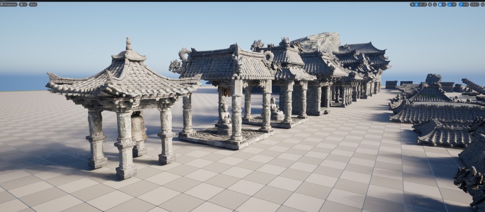  风神庙山谷寺庙庭院古代灯台钟佛像建筑场景模型
