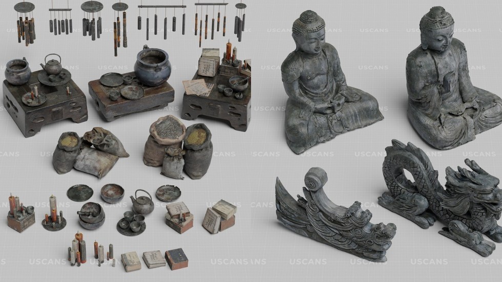  风神庙山谷寺庙庭院古代灯台钟佛像建筑场景模型