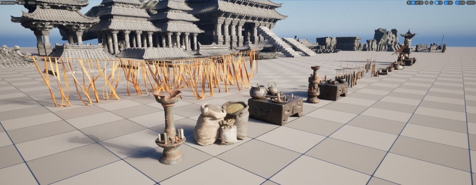  风神庙山谷寺庙庭院古代灯台钟佛像建筑场景模型