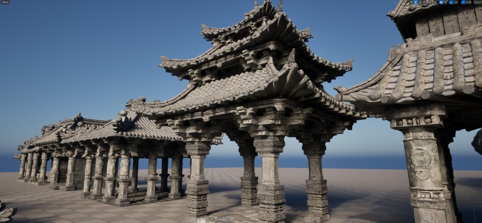  风神庙山谷寺庙庭院古代灯台钟佛像建筑场景模型