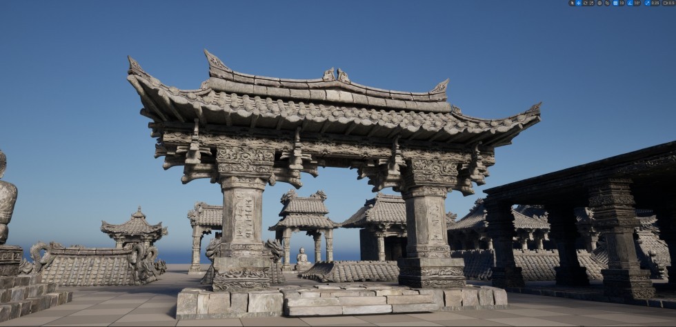  风神庙山谷寺庙庭院古代灯台钟佛像建筑场景模型
