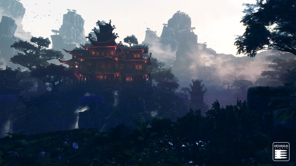  中式国风山脉寺庙瀑布河流 古风仙境 场景模型