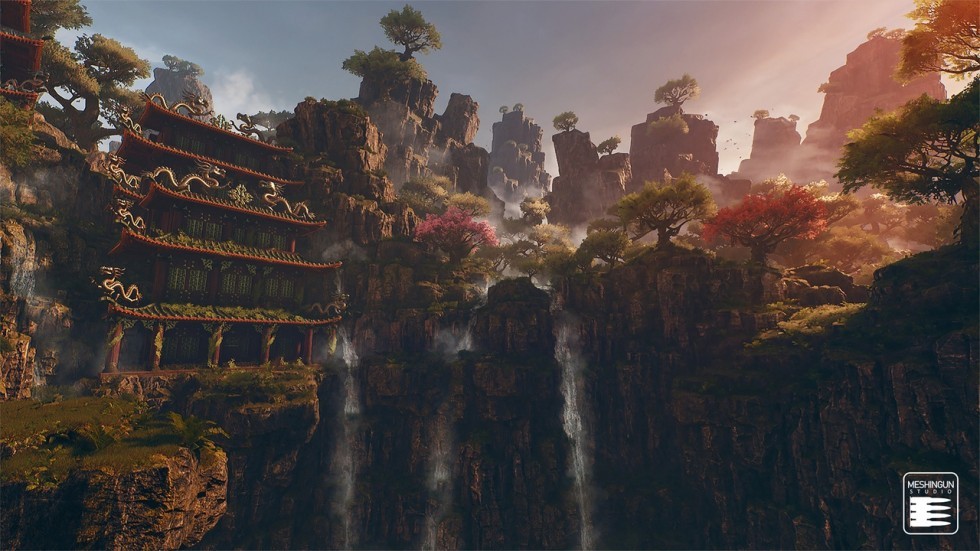  中式国风山脉寺庙瀑布河流 古风仙境 场景模型