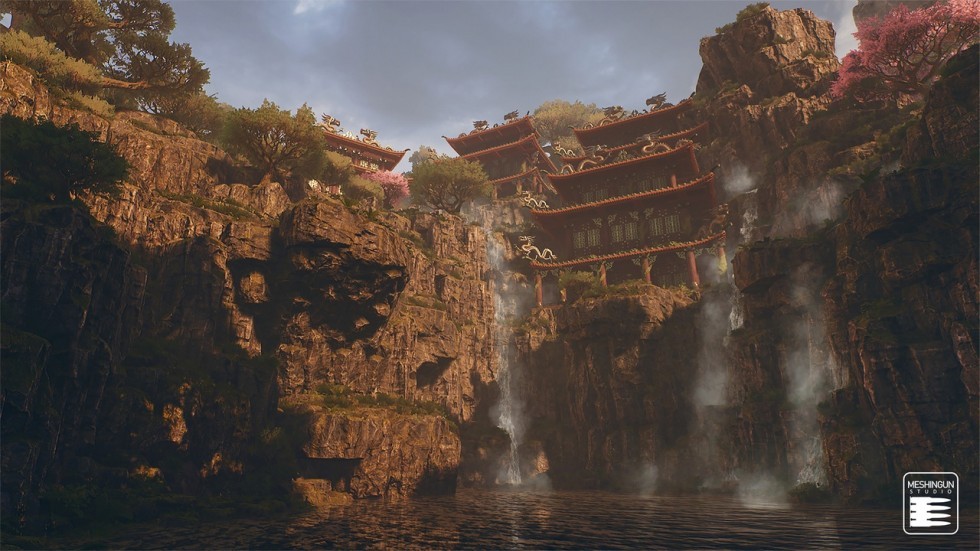  中式国风山脉寺庙瀑布河流 古风仙境 场景模型