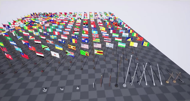 UE4虚幻ue5 世界各国国家旗帜素材模型带飘动动画