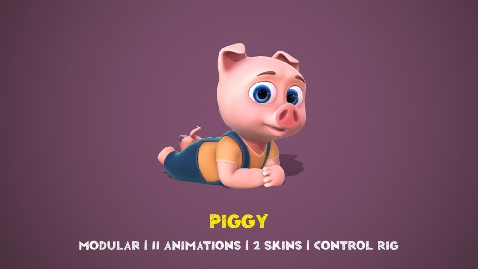 UE4虚幻5 Piggy 卡通风格化地多边形猪猪模型角色带动画